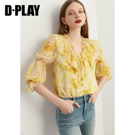 DPLAY新温柔度假风黄调印象花园荷叶边葫芦袖印花小衫上衣图片