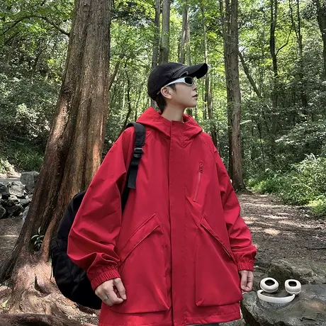 cityboy春秋日系户外冲锋衣男女红色连帽外套登山服宽松机能夹克商品大图