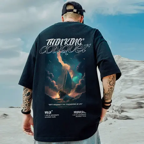 2025重磅潮牌宽松T恤美式短袖五分袖纯棉国潮加肥加大码男装夏季商品大图