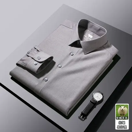 【轻奢羊毛】长袖衬衫男士2023秋季新款纯色高档商务职业休闲衬衣图片