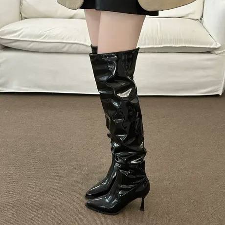 长筒靴女2023冬季新款尖头细跟炸街堆堆靴欧美漆皮高跟加绒过膝靴图片