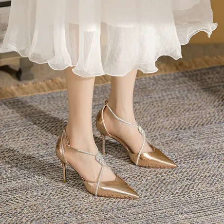 尖头单鞋女2024年夏季新款性感交叉绑带高跟鞋细跟气质仙女风凉鞋图片