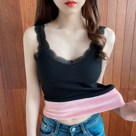 女士保暖背心女加绒加厚发热内衣冬季性感蕾丝V领吊带上衣打底衫图片