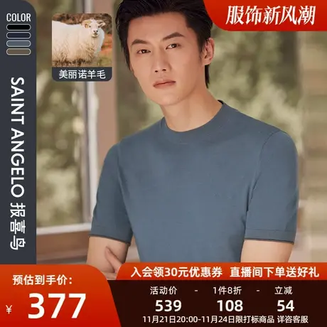 【美丽诺羊毛】报喜鸟秋季新款男时尚休闲短袖针织衫男半高领毛衣图片