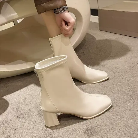 白色粗跟高跟短靴女2024新款春秋瘦瘦靴女显瘦马丁靴秋冬短靴子女商品大图