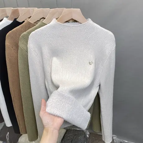 一体绒半高领毛衣女加绒加厚打底衫2023秋冬新款针织衫内搭上衣潮商品大图