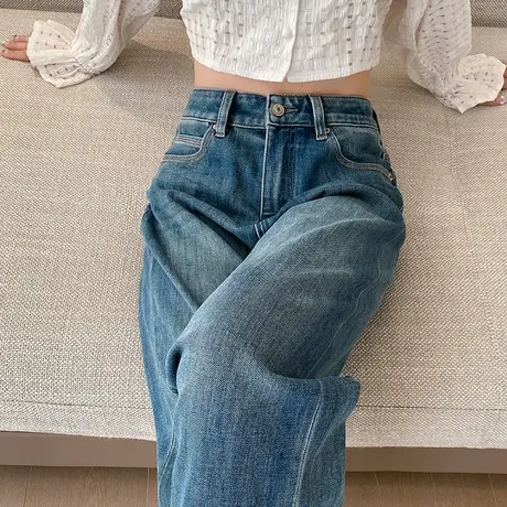 窄版阔腿牛仔裤女垂感2024秋冬新款撞色高腰设计感宽松显瘦直筒裤图片