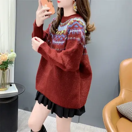 复古名族风圣诞新年红色圆领毛衣女2023新款秋冬高级感减龄针织衫商品大图