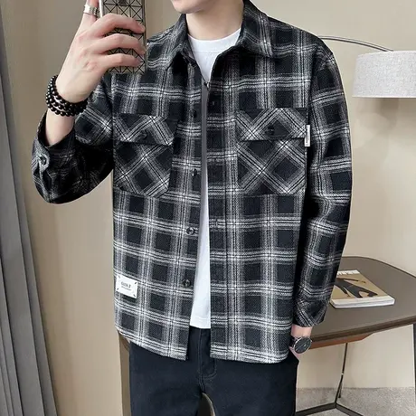 秋季新款潮牌复古拼接格子长袖衬衫INS宽松休闲上衣个性夹克外套商品大图