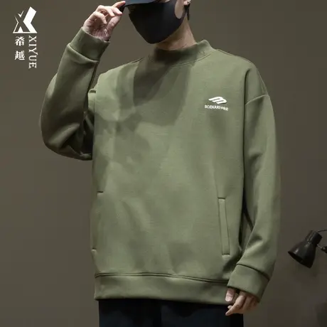 希越重磅热暖绒卫衣男冬季保暖厚款宽松大码男士半高领打底衫T恤商品大图