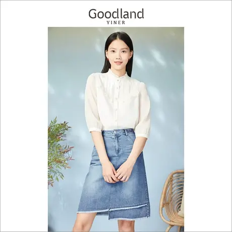 *Goodland女装2023春木耳花边拼接雪纺七分袖衬衫上衣商品大图