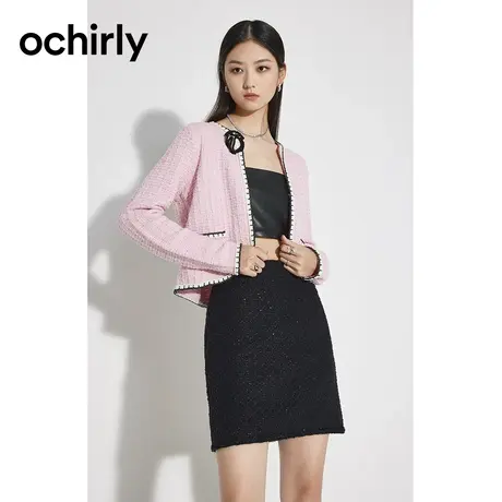 ochirly欧时力 圈圈纱小香风针织外套女 新款秋装褶花短上衣商品大图