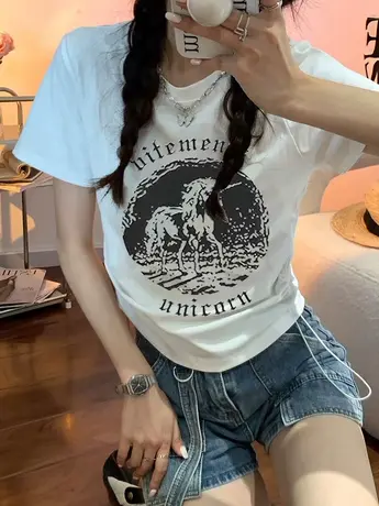 短袖t恤女2023夏新款美式复古印花性感辣妹上衣修身显瘦正肩体恤商品大图