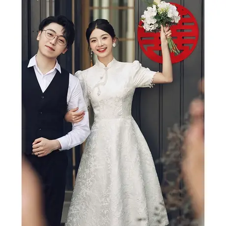 领证登记小白裙订婚礼服连衣裙女夏季中式改良旗袍高级感气质白色商品大图