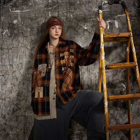 美式街头潮牌设计感拼接格子衬衫女2024春季新款宽松复古情侣衬衣图片