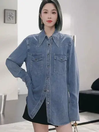 复古蓝色牛仔衬衫女春秋宽松叠穿打底长袖衬衣法式设计感气质上衣商品大图