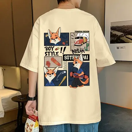 港风chic卡通印花纯棉短袖t恤男夏季新款oversize潮牌半截袖体恤商品大图