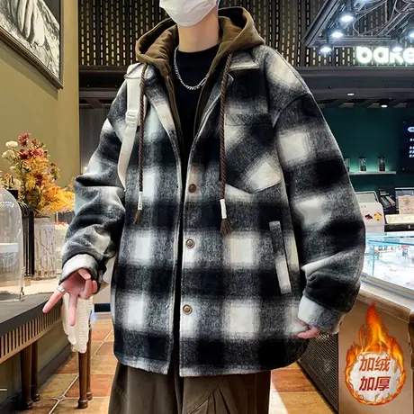 加绒加厚格子棉衣男宽松棉服港风连帽呢子夹克学生假两件保暖袄子图片