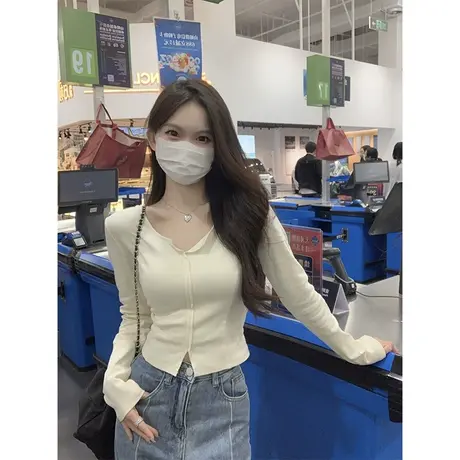 纯欲v领长袖t恤女春秋薄款内搭打底衫正肩修身短款早秋上衣设计感图片