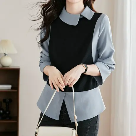 韩潮袭人时尚复古撞色娃娃领衬衣拼接喇叭袖女士衬衫商品大图
