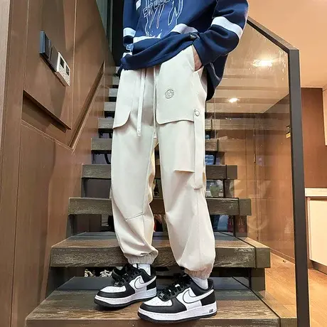 宽松束脚工装裤子男春秋款机能风休闲裤男潮牌青少年美式运动长裤图片