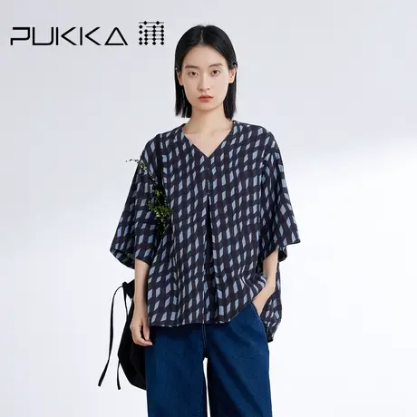 蒲PUKKA 2024春夏新品定制双面提花纯棉面料宽松V领衬衫商品大图
