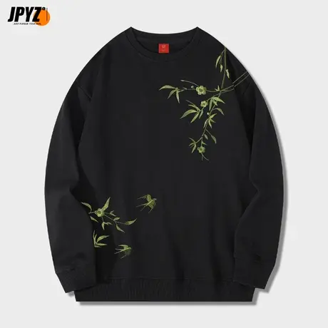 原创国潮竹叶刺绣圆领卫衣男女秋季情侣oversize加绒加厚上衣外套商品大图