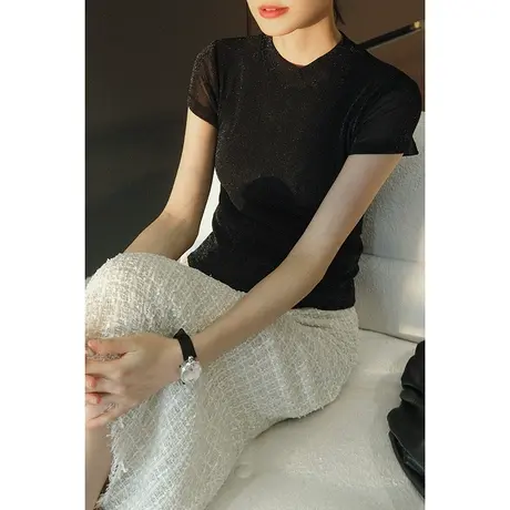 2024春夏新款百搭显瘦减龄时尚打底女   短款圆领纯色上衣女商品大图