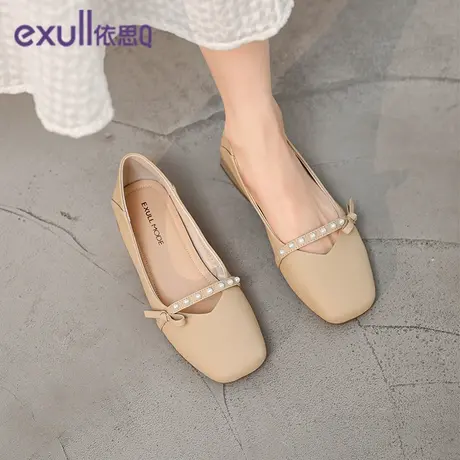 依思Q女单鞋2023新款秋季低跟舒适方头温柔百搭玛丽珍蝴蝶结杏色商品大图