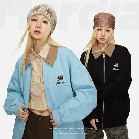 潮牌复古拼色外套女春秋2023新款慵懒风宽松oversize休闲夹克上衣商品大图