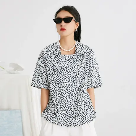 omont蛋挞家 方领短袖衬衫女复古港味设计感小众宽松衬衣夏季商品大图