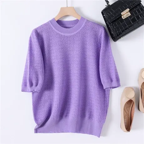 冰丝针织t恤女短袖2023新款夏季宽松圆领打底衫春秋薄款上衣体恤图片