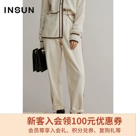 恩裳冬季经典撞色条纹纯棉高腰直筒显瘦百搭休闲裤女宽松图片