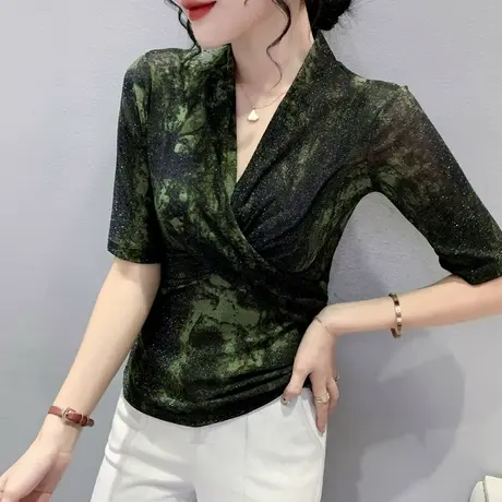 性感网纱T恤女中袖设计感小众洋气V领交叉上衣欧货扎染印花打底衫商品大图