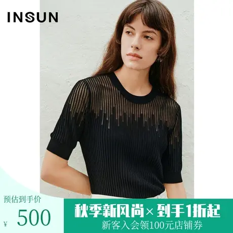 恩裳2023夏款新款透明丝透视感真丝混纺圆领竖条纹套头衫商品大图