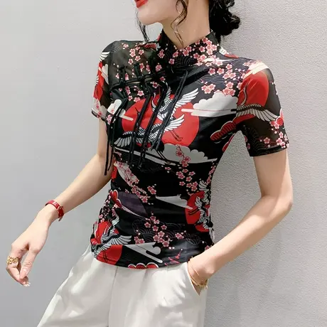 复古女装设计感小众盘扣T恤短袖时尚气质印花上衣修身网纱小衫夏商品大图
