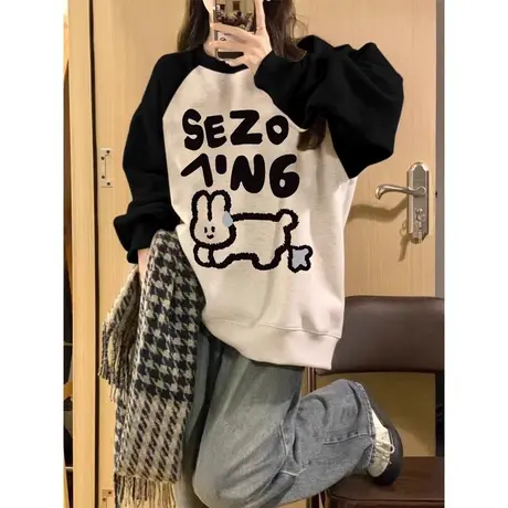 美式复古慵懒风chic插肩袖卫衣女秋2023新款小个子宽松圆领上衣潮商品大图