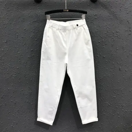 简约女士松紧高腰休闲牛仔裤欧货秋季新款时尚百搭显瘦小脚哈伦裤图片