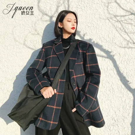 格子毛呢西装外套女加棉冬季复古休闲廓形小西服chic显瘦呢子大衣商品大图