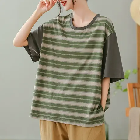 dza条纹纯棉短袖T恤女2023夏季薄款圆领打底体恤宽松显瘦套头上衣商品大图