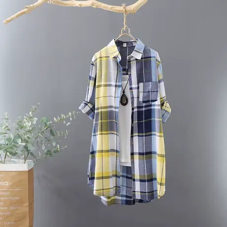 2023年春季新款韩范纯棉外套中长款格子衬衫女长袖开衫宽松衬衣图片