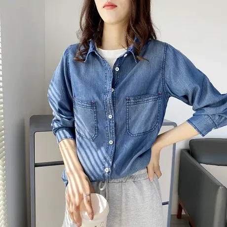 2021秋季复古牛仔衬衫女新款叠穿韩版长袖宽松百搭休闲衬衣薄外套商品大图