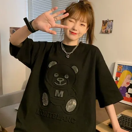 港风短袖t恤女2021早春新款宽松韩版ins半袖设计感小众上衣服潮牌商品大图