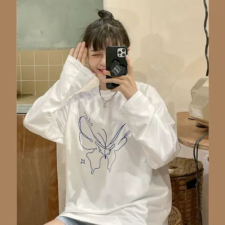 红续2023春秋新款韩版ins潮港风小众设计感纯棉长袖T恤女卫衣宽松商品大图