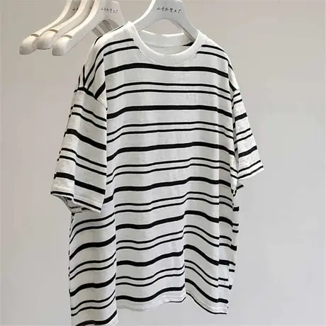 升级面料，亚麻竹节棉！薄款条纹圆领短袖T恤慵懒港风宽松打底衫商品大图
