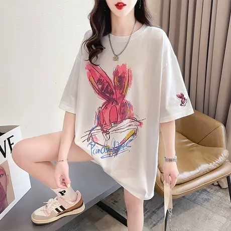 小众设计感短袖t恤女夏季韩版宽松大码女装中长款下衣失踪上衣服图片