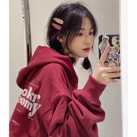 酒红色连帽卫衣女秋冬加绒小个子宽松美式复古oversize潮外套上衣图片