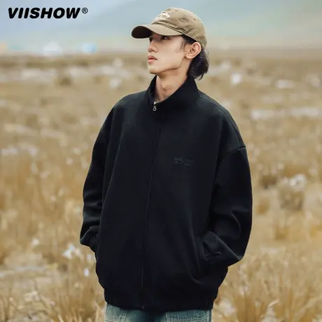 VIISHOW美式复古字母麂皮绒拉链外套男秋季潮牌休闲运动立领夹克商品大图