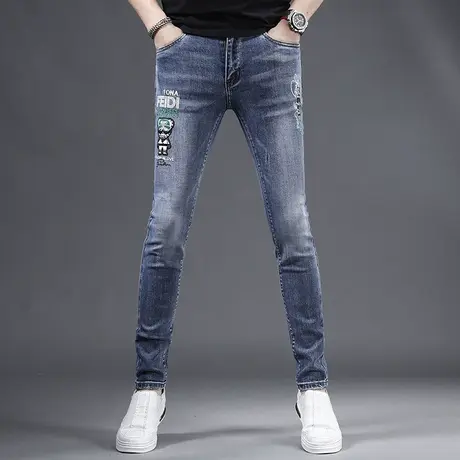 2023新款刺绣牛仔裤男潮牌修身小脚夏季薄款蓝色弹力男士裤子潮流商品大图