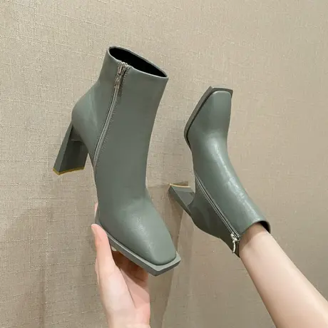 2023年秋冬季新款方头百搭高跟短筒靴女粗跟时尚气质仙女风瘦瘦靴商品大图